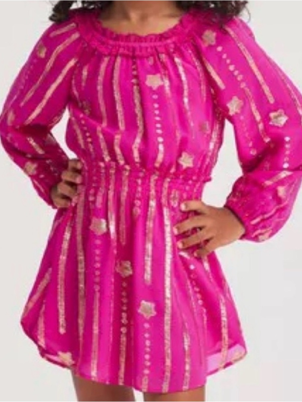LoveShackFancy Girls' Hot Pink Dress with Gold Star & Stripe Foil